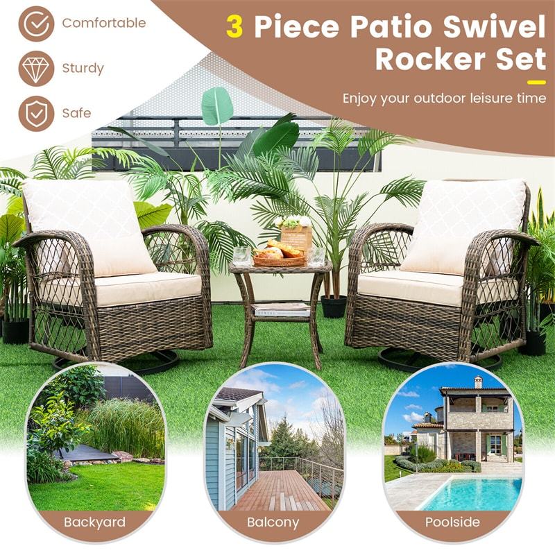 3-Piece Rattan Patio Swivel Rocker Set Wicker Swivel Rocking Chairs with Tempered Glass Coffee Table