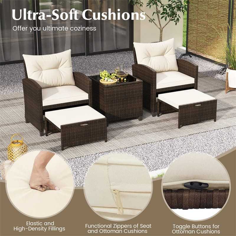 5 Piece Patio Rattan Furniture Set Wicker Cushioned Chairs Set with 2 Ottomans, Tempered Glass Coffee Table, Outdoor Sectional Conversation Set