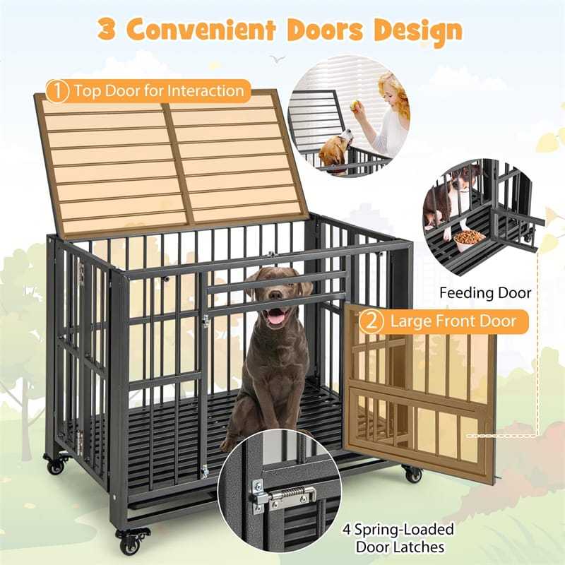 Folding Metal Dog Crate 37" Collapsible Heavy Duty Dog Crate with 3 Lockable Doors & Wheels, Indoor Outdoor Pet Kennel for Small Medium Dogs
