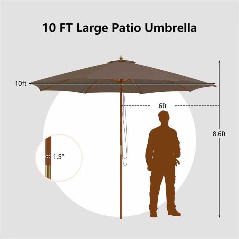 10FT Wooden Patio Umbrella with Rope Pulley Lift, 3 Height Adjustments, 8 Bamboo Ribs, Vented Roof Outdoor Table Umbrella for Poolside, Backyard
