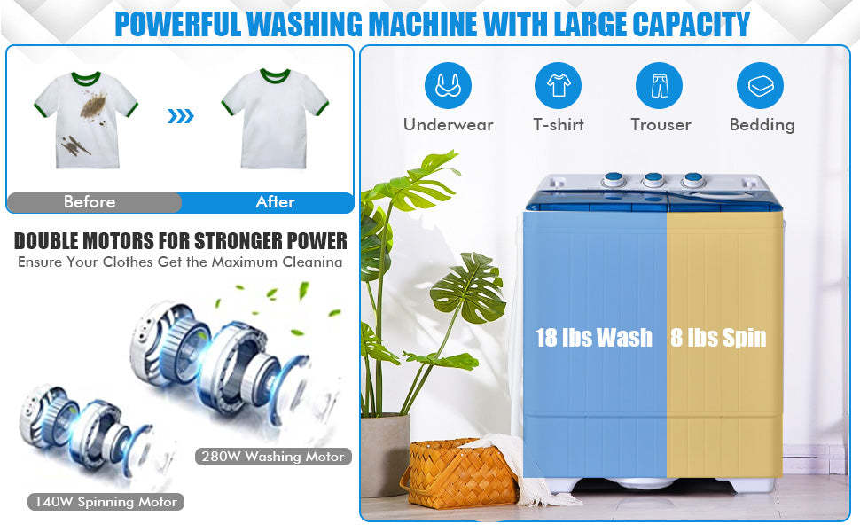 26lbs Portable Washing Machine 2 in 1 Washer and Spinner Combo with Built-in Drain Pump for Home Apartment
