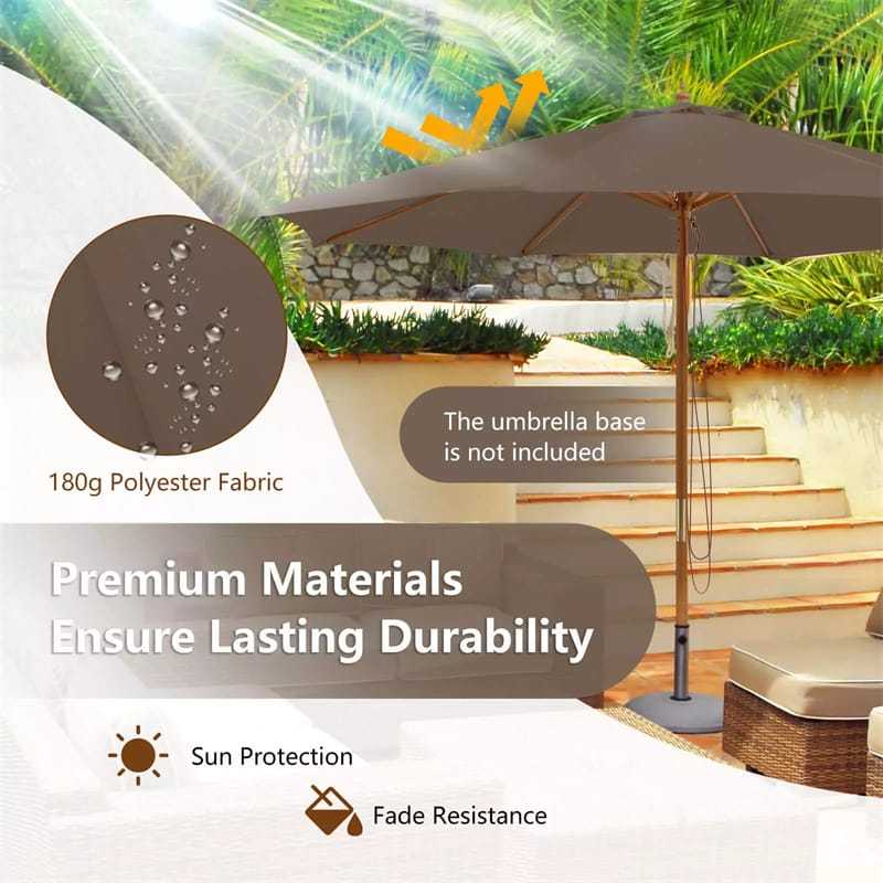 10FT Wooden Patio Umbrella with Rope Pulley Lift, 3 Height Adjustments, 8 Bamboo Ribs, Vented Roof Outdoor Table Umbrella for Poolside, Backyard