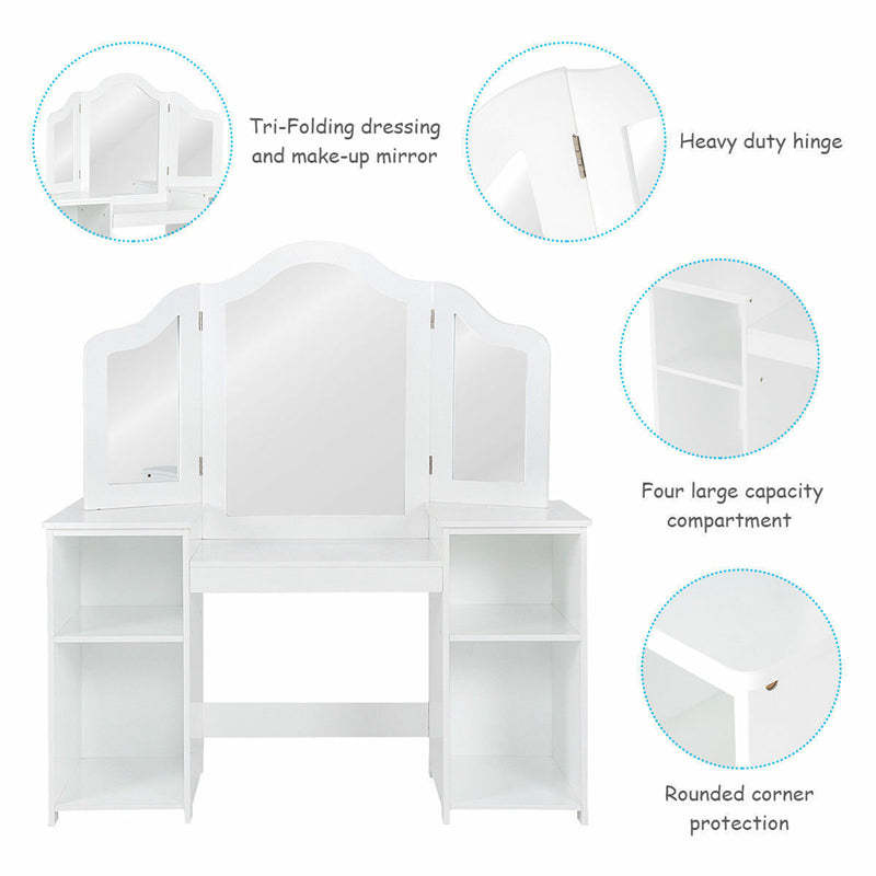 Kids Makeup Vanity Table, 2-in-1 Princess Dressing Table with Tri-folding Detachable Mirror & Storage Shelves, Pretend Play Girls Study Desk