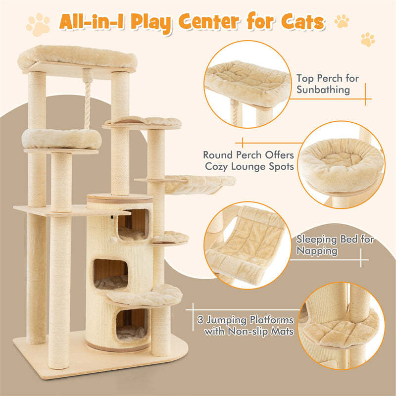 67" Tall Cat Tree, Modern Multi-Level Cat Tower with 3-Story Condo, 2 Perch, Hammock, Sisal Posts & Hanging Play Rope for Large Indoor Cats 20 lbs