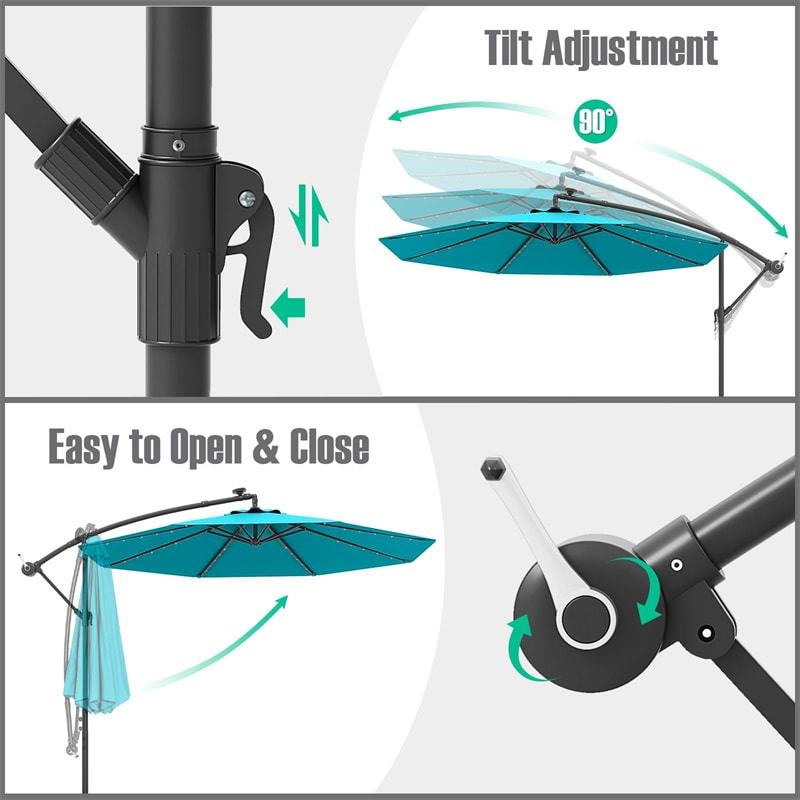 10FT Solar Offset Patio Umbrella, Hanging Cantilever Umbrella with 32 LED Lights, Adjustable Tilt, Sand Bag Base for Garden, Poolside, Yard
