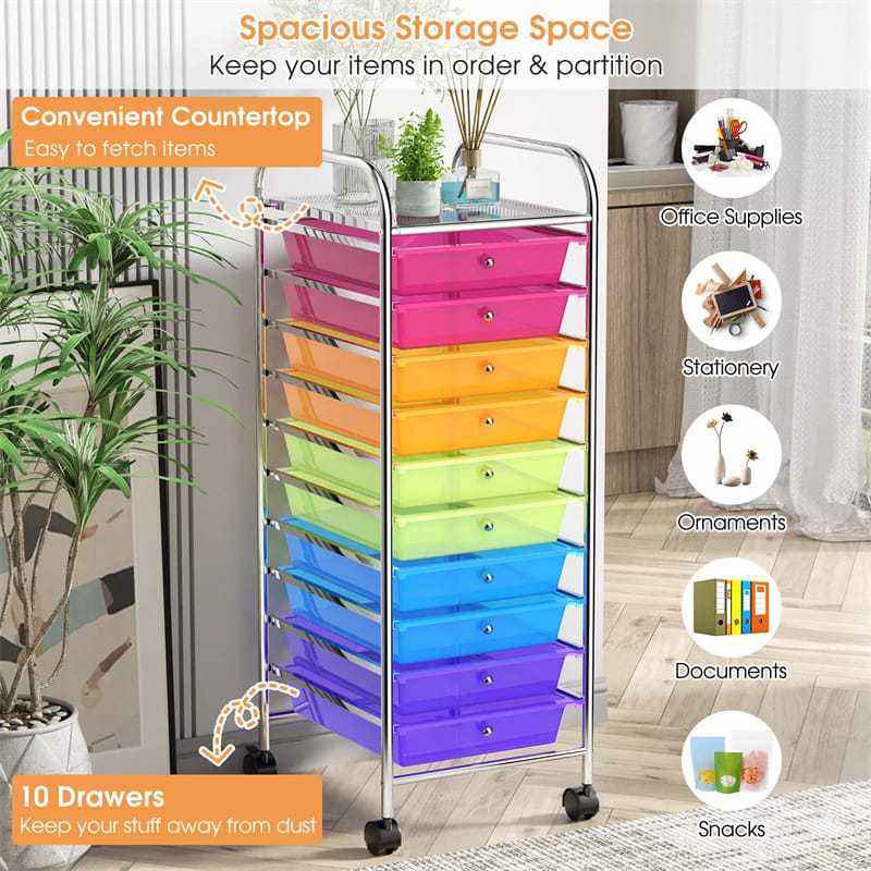 10-Drawer Rolling Storage Cart, Utility Cart with Drawers & Lockable Wheels, Mobile Art Craft Drawer Cart for Home Office, School
