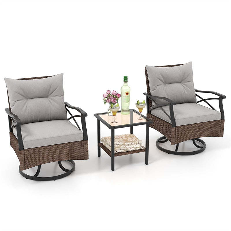 3-Piece Patio Swivel Rocker Set, Outdoor Rocking Chairs with 2-Tier Tempered Glass Coffee Table, Cozy Seat & Back Cushions for Garden, Backyard