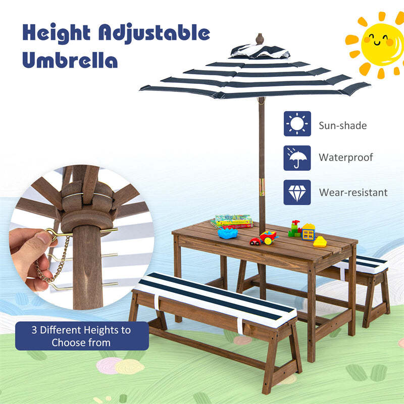 Kids Wooden Picnic Table with Benches, Adjustable Umbrella & Removable Cushion, Outdoor Toddler Furniture Set for Patio Garden Backyard, Ages 3+
