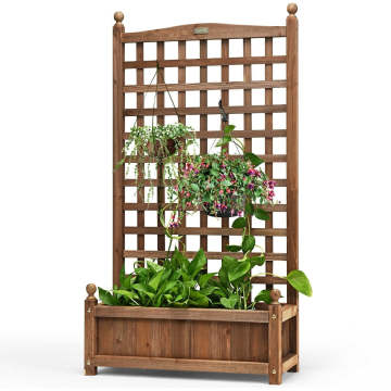 50 Inch Wood Planter Box with Trellis Mobile Raised Bed for Climbing Plant | Costway