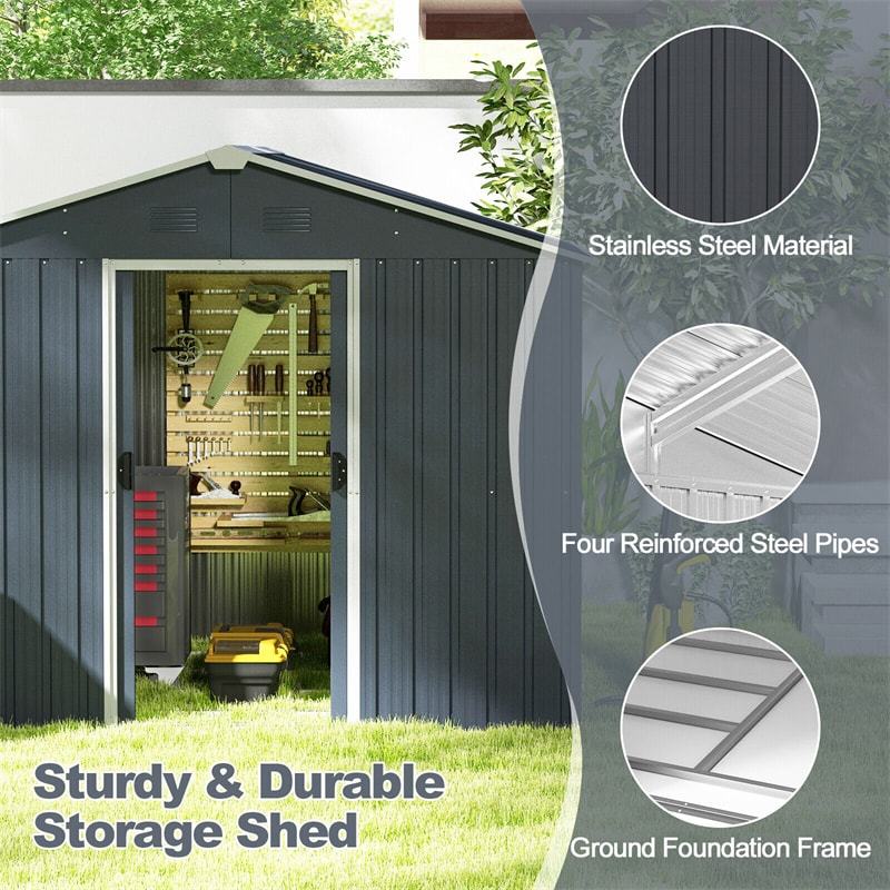 Large Metal Storage Shed 5.7' x 7.5' Outdoor Garden Tool House Bike Shed with Ground Foundation Frame & Lockable Sliding Door