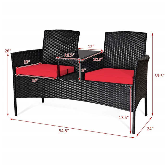 Modern Rattan 2-Seater Patio Furniture Set with Built-in Tempered Glass Table & Removable Cushions, Outdoor Furniture for Backyard, Garden