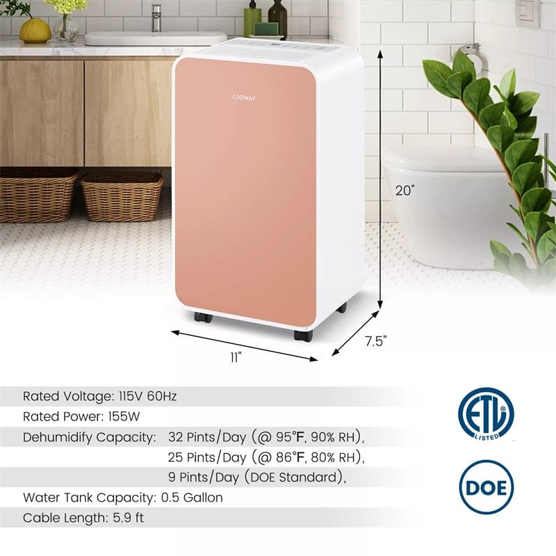 2500 Sq. Ft Dehumidifier for Home & Basement, 32 Pints Portable Quiet Dehumidifier with Sleep Mode, 24H Timer, Auto Defrost & Drain Hose