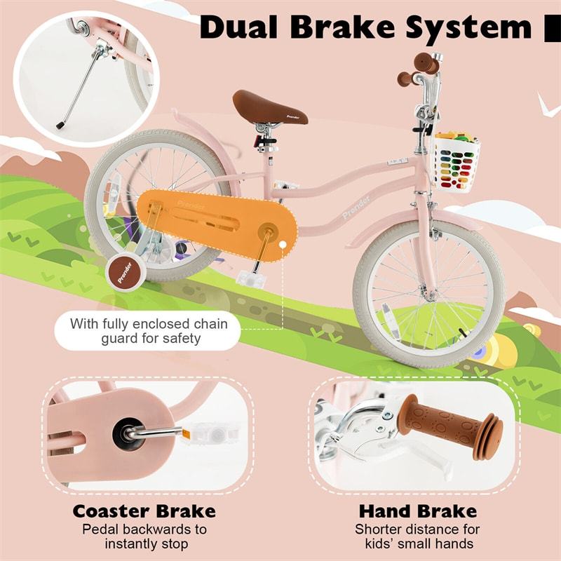 18" Kids Bike, Toddler Bicycle Girls Boys Bike for 3-8 Years Old with Training Wheels Adjustable Seat Removable Basket