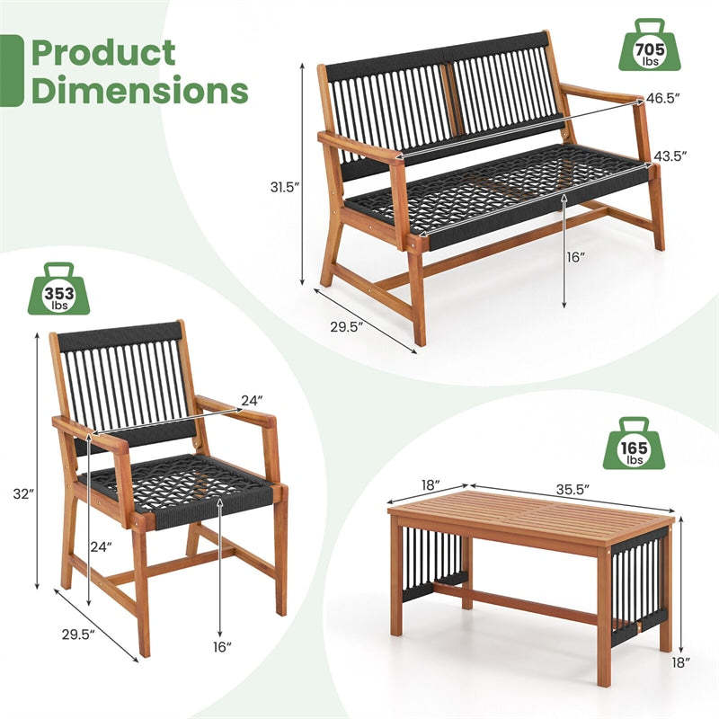 4pcs Acacia Wood Outdoor Conversation Table Chair Set Patio Chat Set with Coffee Table & Hand-Woven Rope Loveseat Chairs