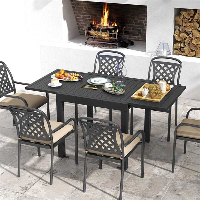 Extendable Outdoor Dining Table for 4-6, All-weather Aluminum 31.5"-63" Expandable Patio Dining Table with Slatted Tabletop for Backyard Garden Deck