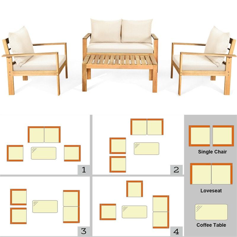4 Piece Acacia Wood Patio Conversation Set Outdoor Chat Set with Loveseat Chairs & Coffee Table