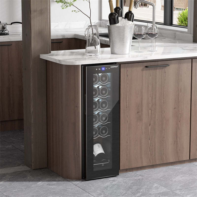 12 Bottle Compressor Wine Cooler Refrigerator with 2-layer Glass Door, LED Lights, 10" Freestanding Built-in Mini Wine Fridge Wine Cellar for Home Bar