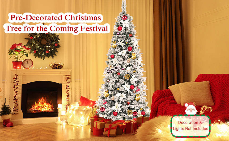 8ft Snow Flocked Pencil Artificial Christmas Tree Holiday Decoration