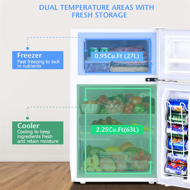 3.2 Cu. Ft. 2-Door Mini Fridge with Freezer, Compact Refrigerator with Temperature Control, Removable Shelves & Reversible Door for Dorm Office