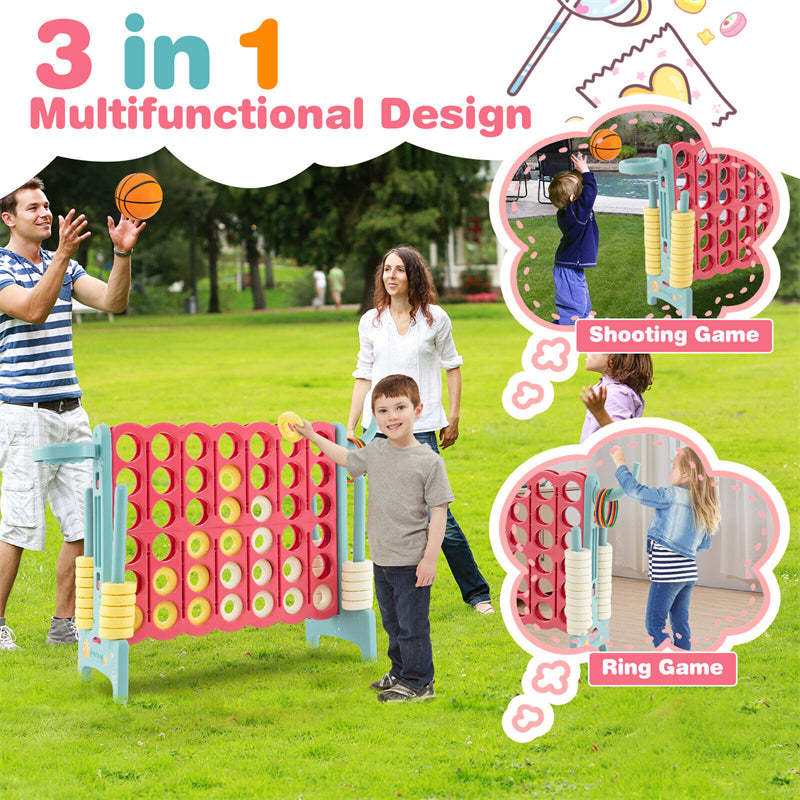 Giant 4-in-A-Row Game Set with 42 Jumbo Rings, Basketball Hoop, Quick-Release Slider, 2.5FT Indoor/Outdoor Connect Game for Kids & Adults