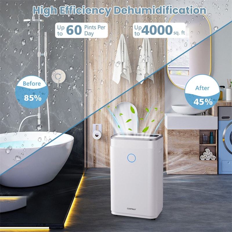60-Pint Portable Dehumidifier for Basement, 4000 Sq. Ft Dehumidifier with Drain Hose, 3 Operating Modes, 24H Timer, Water Tank for Home, Large Spaces