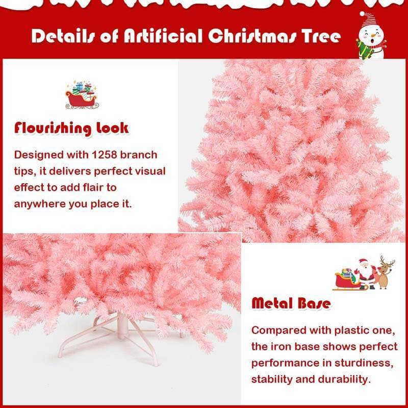7.5FT Pink Artificial Hinged Spruce Full Christmas Tree with Foldable Metal Stand