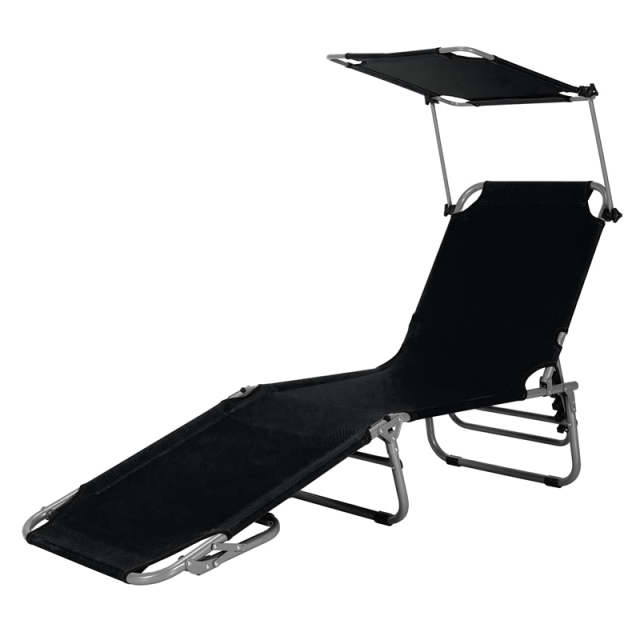 Folding Beach Lounge Chair, Outdoor Sun Lounger with Canopy, Adjustable Backrest & Side Pocket, Portable Tanning Chair with for Patio, Poolside