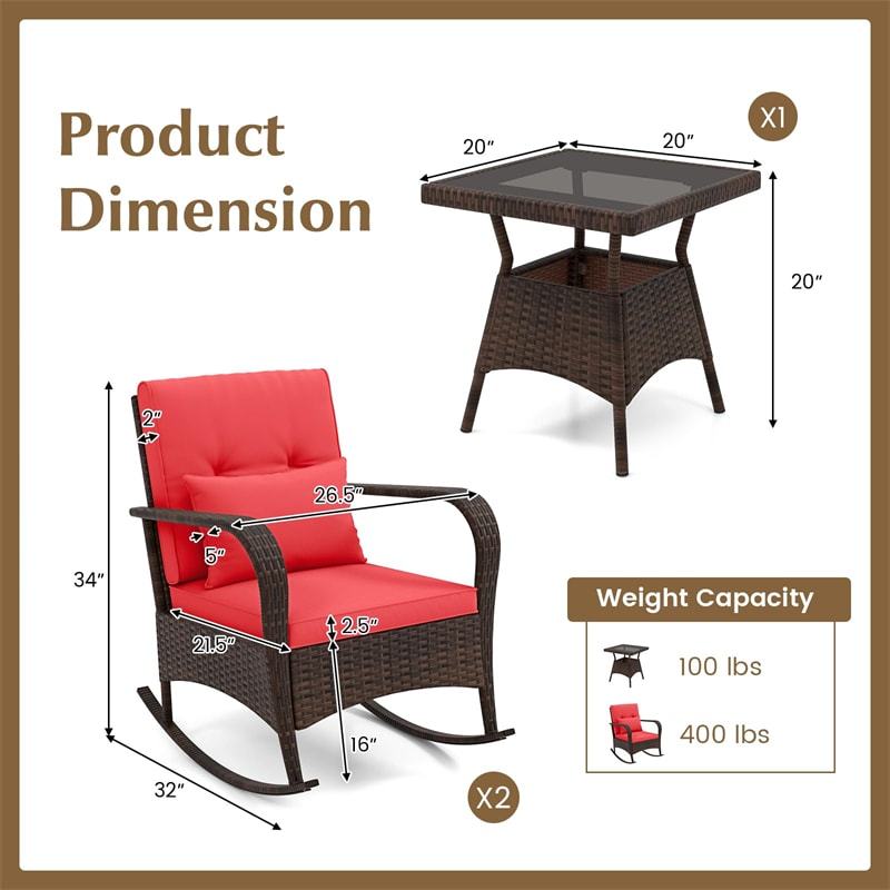 3-Piece PE Rattan Rocking Bistro Set with Removable Cushions & Tempered Glass Table, Outdoor Patio Furniture Set for Porch, Poolside, Backyard