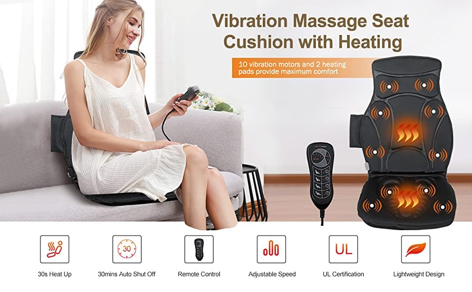 Folding 10 Vibration Motors Massage Seat Cushion Back Massager with 2 Heating Pads 3 Adjustable Intensity