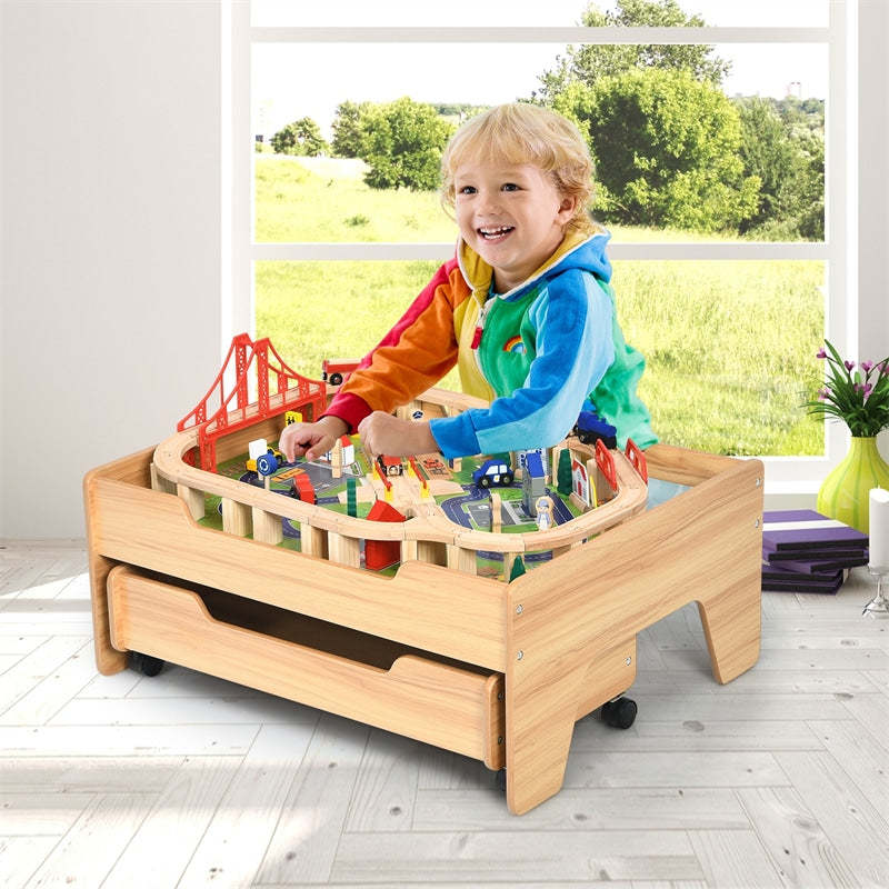 Wooden Kids Train Table with 100 Multicolor Pieces, Tracks & Storage Drawer, Activity Play Table Toddler Toy Train Table, Gift for Boys Girls