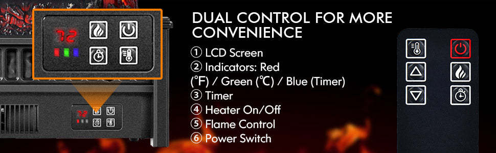 23” Electric Fireplace Log Heater 1400W Fireplace Insert with Remote Control & Realistic Ember Bed