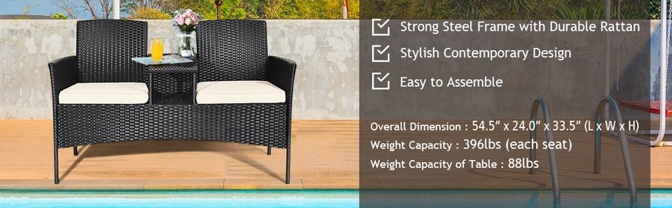 Modern Rattan 2-Seater Patio Furniture Set with Built-in Tempered Glass Table & Removable Cushions, Outdoor Furniture for Backyard, Garden