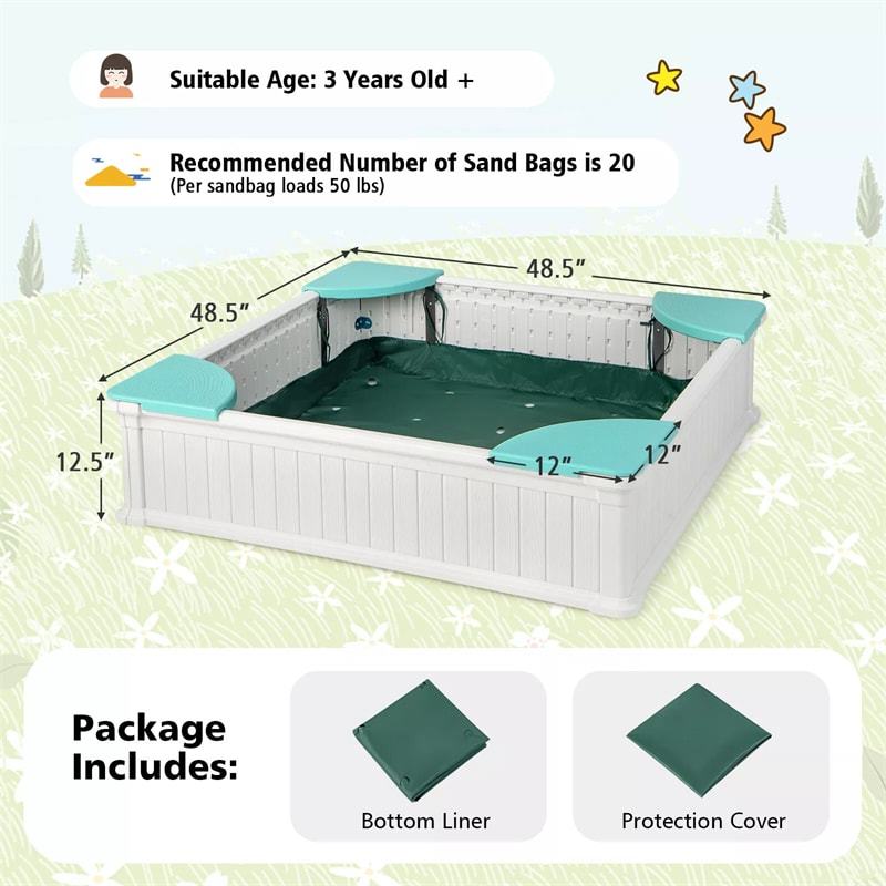 4FT Kids Sandbox, Weather Resistant HDPE Square Sand Pit with Oxford Cover & Bottom Liner for Outdoor Backyard, Lawn, Garden & Beach Play