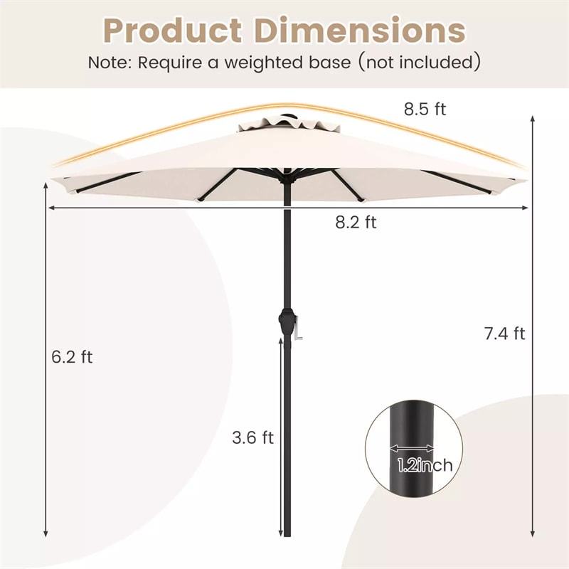 8.5FT Patio Umbrella, Outdoor Market Table Umbrella with Crank Handle, 8 Heavy Duty Ribs, Vented Top, Sun-Proof Canopy for Garden Yard Poolside
