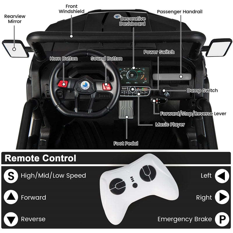 12V 2 Seater Ride On Dump Truck Kids UTV Car with Remote Control Electric Dump Bed Shovel Rocking Function