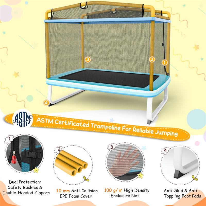 6FT Rectangle Kids Trampoline with Enclosure Net, Horizontal Bar & Swing, ASTM Approved Recreational Mini Trampoline for Toddler Indoor Outdoor