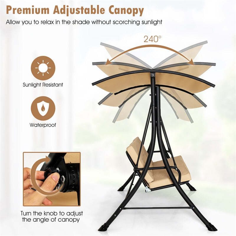 3-Person Porch Swing Outdoor Patio Swing with Adjustable Canopy & Removable Cushions