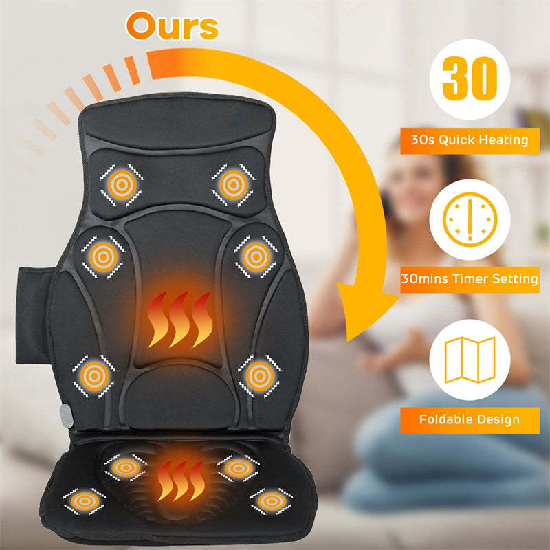 Folding 10 Vibration Motors Massage Seat Cushion Back Massager with 2 Heating Pads 3 Adjustable Intensity