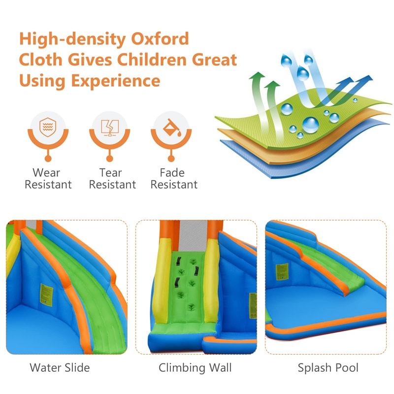 Inflatable Water Slide Mighty Bounce House Splash Pool Giant Bouncy Castle Waterslide Park with Climbing Wall & 480W Blower for Kids Backyard Party