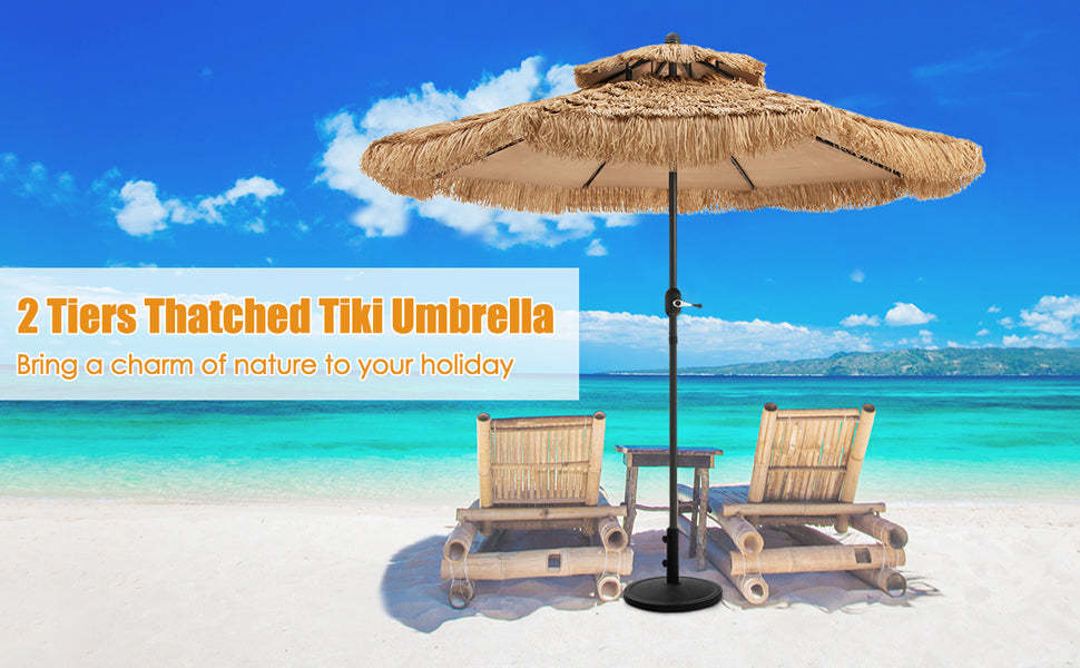 9 ft 2-Tier Thatched Patio Umbrella Hawaiian Style Grass Beach Umbrella with Crank Handle