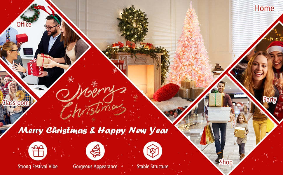 7.5ft Pink Pre-Lit Christmas Tree Hinged Artificial Snow Flocked Xmas Tree with 1100 PVC Branch Tips & 450 LED Lights 8 Lighting Modes