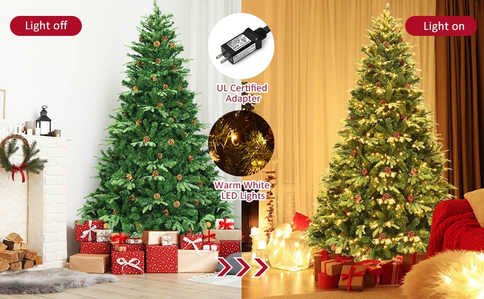 7/7.5/8 Feet Pre-Lit Artificial Christmas Tree Premium Spruce Hinged Tree with LED Lights & Pine Cones, Xmas Tree for Holiday Indoor Décor