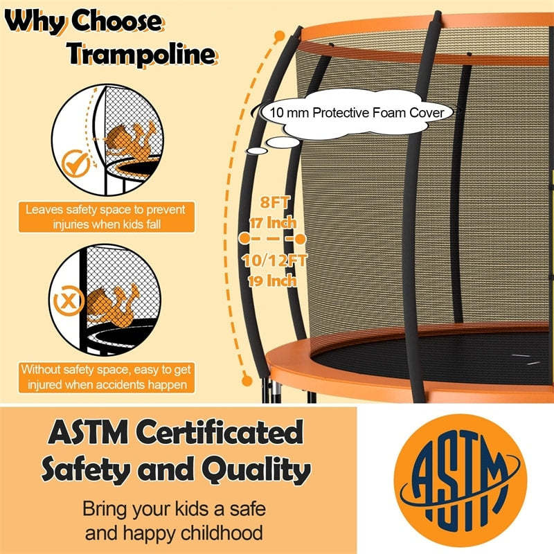 10FT Trampoline ASTM Approved Outdoor Recreational Trampoline with Safety Enclosure Net & Ladder for Kids Adults