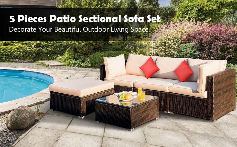 5 Piece Wicker Patio Rattan Furniture Set Outdoor Sectional Sofa with Glass Table & Cushions