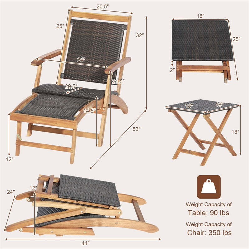 2-Piece Acacia Wood Folding Wicker Patio Lounge Chair Side Table Set with Retractable Footrest