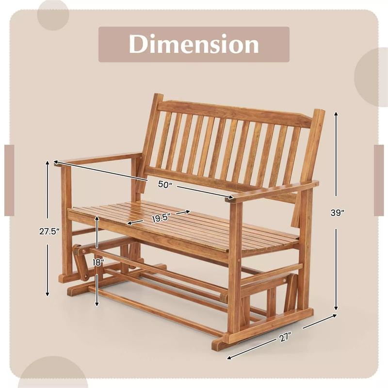 2-Person Outdoor Glider Bench with Poplar Wood Frame, Slatted Seat & Armrest Backrest, Porch Rocking Glider Loveseat for Patio, Garden & Deck