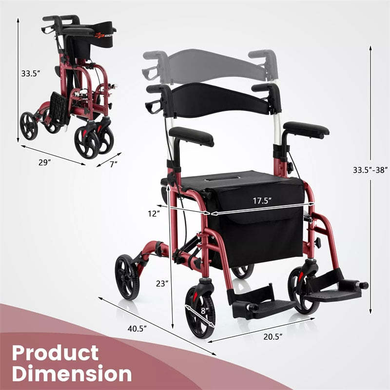 2-in-1 Folding Rollator Walker Wheelchair Combo with Backrest & Adjustable Height, 300lbs Aluminum Mobility Walking Aid for Seniors/Adults