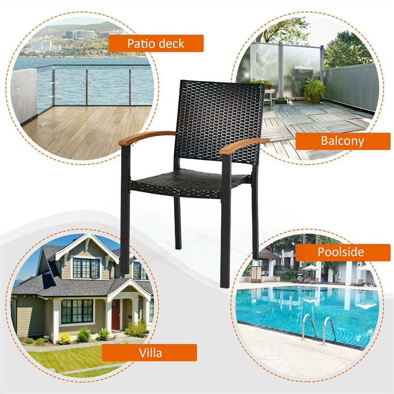 4 Pcs Stackable Outdoor Rattan Patio Dining Chairs with Galvanized Steel Frame
