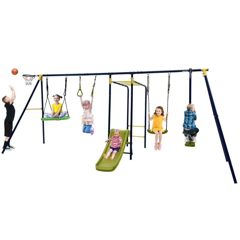 660lbs 7-in-1 Metal A-Frame Swing Set with 2 Swings, Glider, Slide, Gym Rings & Basketball Hoop, Heavy Duty Outdoor Playset for Kids, Backyard Garden