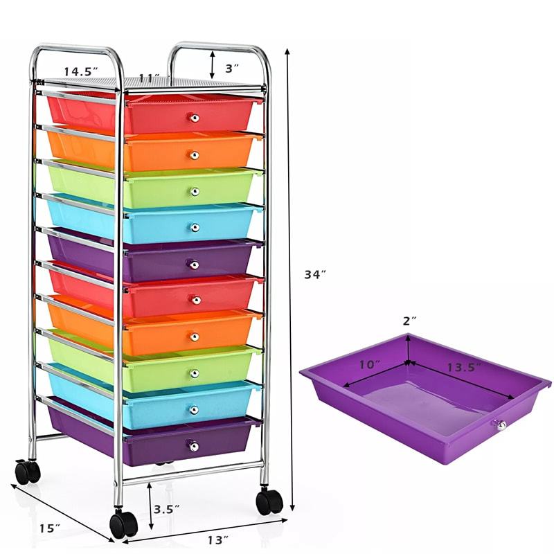 10-Drawer Rolling Storage Cart, Utility Cart with Drawers & Lockable Wheels, Mobile Art Craft Drawer Cart for Home Office, School